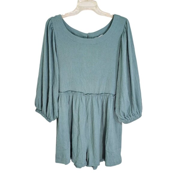 Aemi Co Womens Blue Long‎ Sleeve Romper Ruffled Waist Keyhole Back Size S NWT - Picture 1 of 13